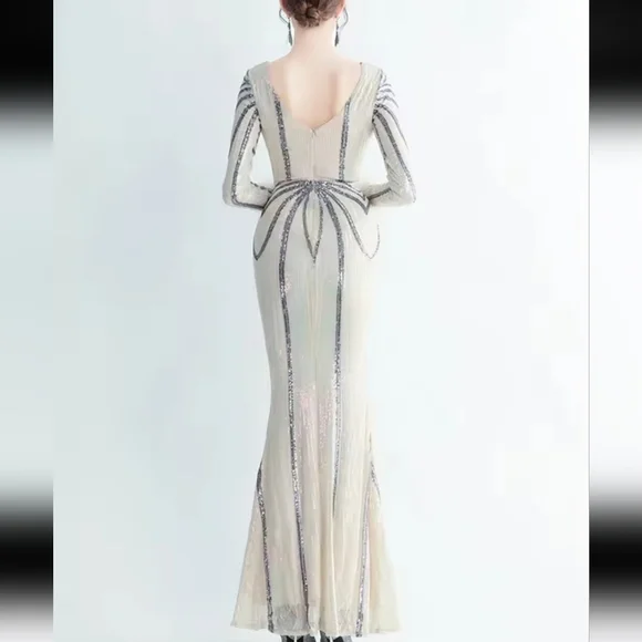 Gray and Cream Backless Embellished Gown with Bishop Sleeves - Picture 6 of 14